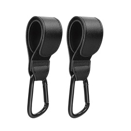 Stroller Hooks,Leather Strap Hook for Hanging Diaper Bag,2-Pack Universal Hooks for Pram,Wheelchair,Car,Shopping and Pet Cart (Black)
