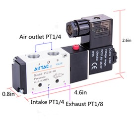 Solenoid Valve 1/4"PT Pneumatic AirTAC 4V210-08 Air 12V/24V/110V/220V Single Coil Pilot-Operated Electric 2 Position 5 Way Connection Type(4V210 PT1/4, DC12V)