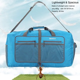 Bekahizar 60L Lightweight Foldable Travel Bag Large Weekender Overnight Bags Packable Travel Luggage Sports Bag Travel Duffel Hand Luggage with Shoe Compartment for Sports Travel Gym Holiday (Blue)