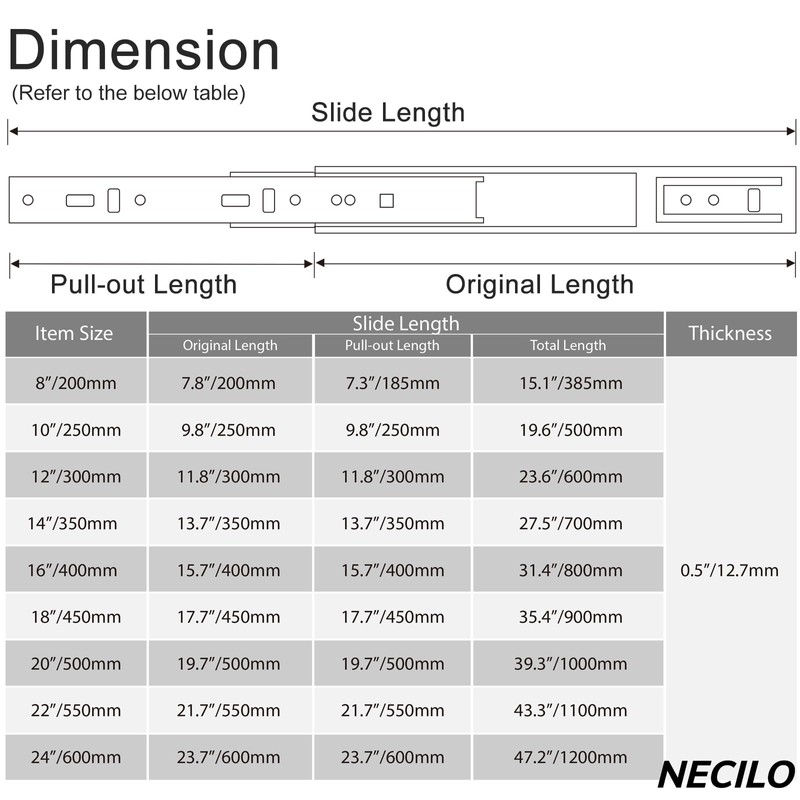 NECILO Silver 350mm Residential Drawer Runner, 45kg Load Capacity Full