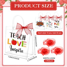 SilTriangle 30 Pcs End of The Year Teacher Gifts Bags Bulk with Handle 7.8 x 7.8 x 3.1'' Reusable Clear Teacher Gift Bag with Bow Ribbon Thank You PVC Plastic Bag for Graduation Party Supply(Bright)