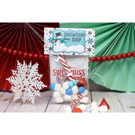 Snowman Soup Cute Winter Hot Chocolate Treat Bag Toppers for Party Favor Treat Bags, Set of 20 Bag Toppers With 20 Self-Adhesive Bags Also Included! by AmandaCreation