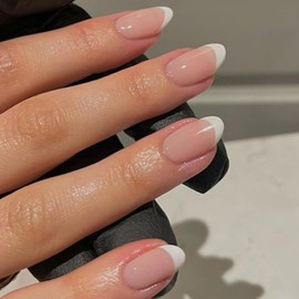 modelones French Tip Press On Nails, Short Oval Fake Nails Press Ons with Nail Glue, Adhesive Tabs, Nail File, Prep Pad, Manicure Stick, 32Pcs 16 Sizes, Nude, Fall Halloween