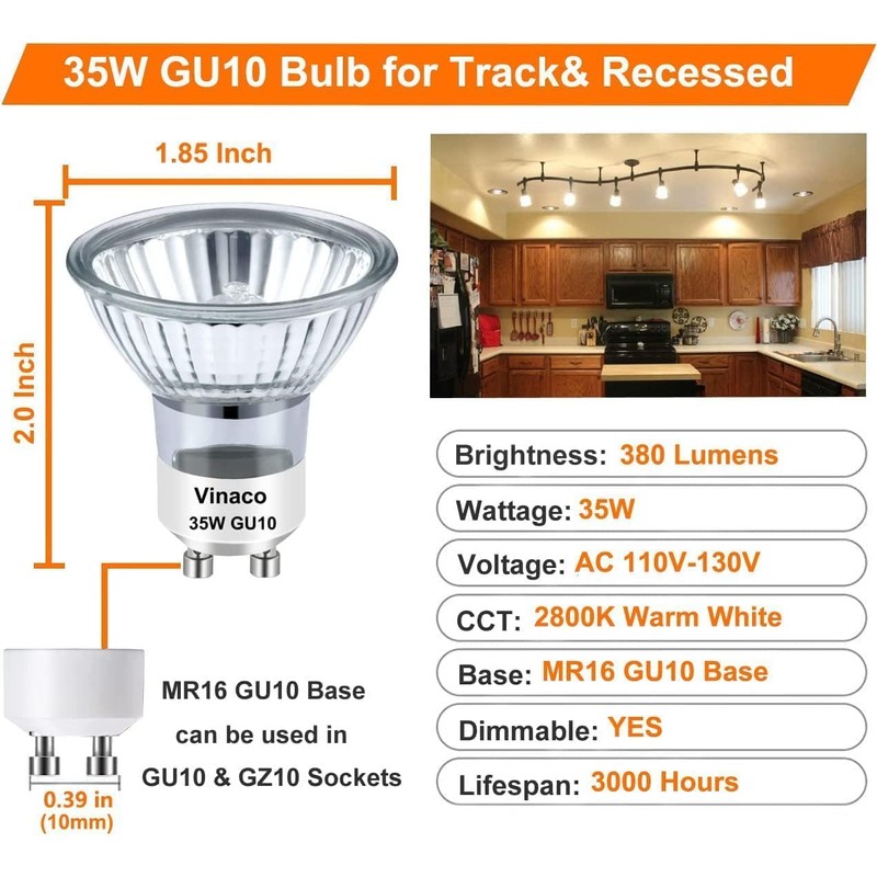 Vinaco GU10 Bulb, 6 Pack Halogen 120V 35W, Dimmable, MR16