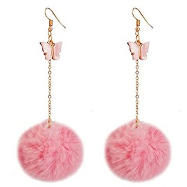 Colorful Faux Fur Fluffy Ball Earrings for Women - Butterfly Pom Pom Pendant Dangle Drop Earrings - Handmade Soft Plush Pink (Pink Fur Ball Earring)