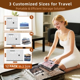 VACKFOX 12 Pack Vacuum Bags for Travel with Rechargeable Air Pump & LED Light,Vacuum Travel Bags,Vacuum Storage Bags(4L+4M+4S),80% Space Saver Vacuum Seal Bags for Blankets,Comforters,Luggage