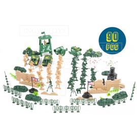 INGWETECH 90Pcs Military Figures and Accessories - Toy Soldiers in 2 Colors, Tanks, Cannons, Fighters Playset with 2 Flags and Battlefield Accessories