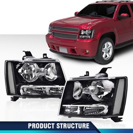 PIT66 Headlights Assembly Pair, Compatible with 2007-2014 Chevy Tahoe Suburban/2007-2013 Chevy Avalanche Corner HeadLamp Clear Lens Black Housing Clear Reflector