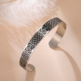 kkjoy Vintage Celtic Knot Triskele Spiral Bracelet Stainless Steel Viking Irish Triple Spiral Cuff Bangle Wristband Amulet Jewelry for Women Men (Silver)