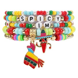 Lonext Cinco De Mayo Mexican Fiesta Bracelets for Women Colorful Polymer Clay Mexican Happy Fiesta Guitar Red Chili Horse Layered Stretch Stackable Charm Bracelet