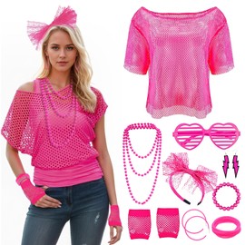 Guegine 18 PCS 80s Fancy Dress for Women, 80s Accessories for Women, Contains Glasses, Tops, Necklaces, Headbands, Gloves, Bracelets, Earrings, Bracelets, for Retro Theme Parties