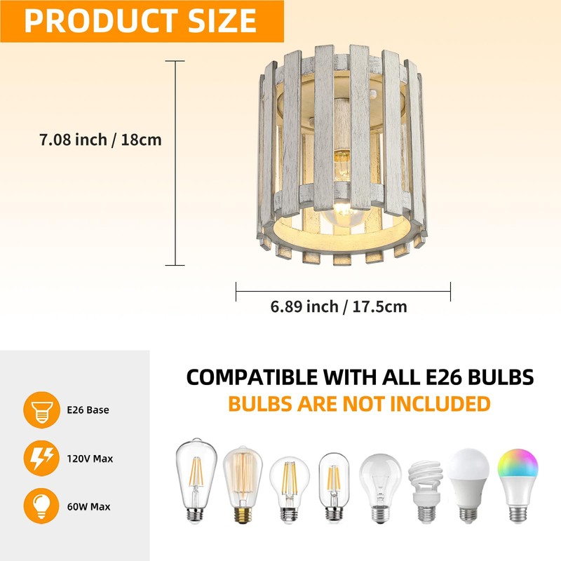 Rustic Flush Mount Ceiling Light, Farmhouse Wood Cage Semi Flush
