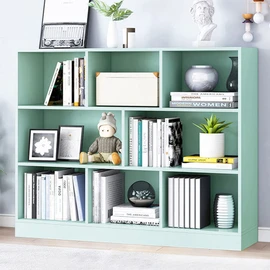 IOTXY Open Shelf Low Bookcase - Wooden 3-Tier Floor Standing Display Cabinet Organizer with Base, 8 Cubes Short Horizontal Bookshelf in Tiffany-Green