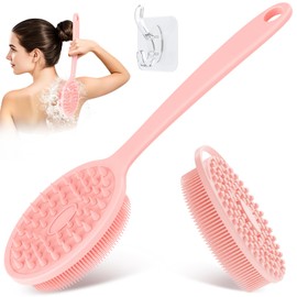 GEENOA Silicone Back & Body Scrubber Set 2PCS, 13.4'' Gentle Exfoliating Back Scrubber with Dual-Side Head and Non-Slip Handle, Hygienic Silicone Loofah with Soft Bristles and Massage Dots(Pink-2PC)