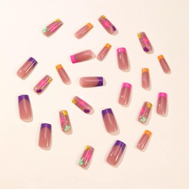 RUOKEXIN Medium Square Fake Nails with French Tip Acrylic Designs Colorful Flower Full Cover Artificial Spring Cute Stick on Nails for Women 24Pcs