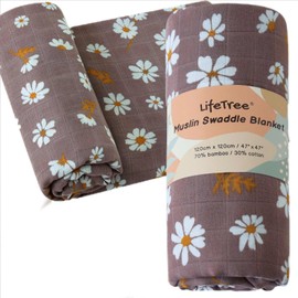 LifeTree Baby Swaddling Cloth Muslin Cloth Large 120 x 120 cm Muslin Swaddle Blanket Baby Bamboo Cotton Swaddle Wrap for Boys and Girls Newborns Daisies