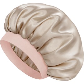 Doitory Satin Silk Bonnet for Sleeping, Double Layer Silk Sleep Cap for Men & Women, Soft Satin Lined Bonnet for Natural & Curly Hair(Champagne Pink)