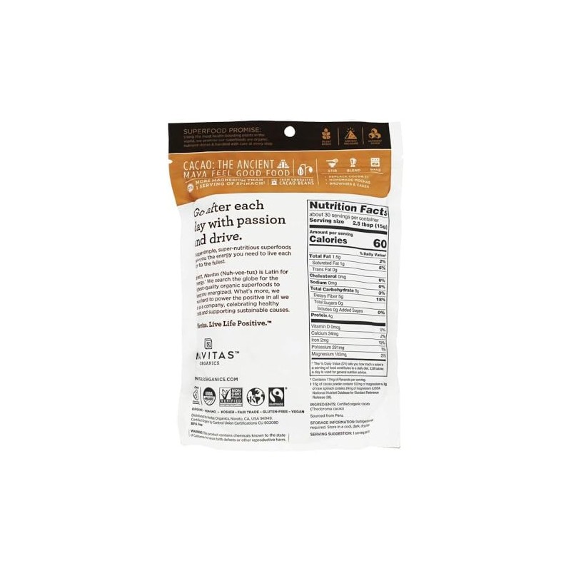 Navitas Organics Cacao Powder, Bags, 30 Servings, 1 Pound (Pack