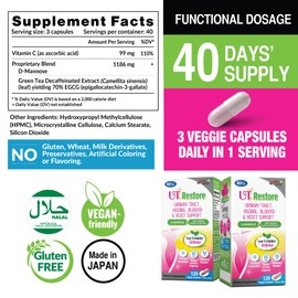 LABO Nutrition UTRestore D-Mannose & Green Tea Extract 70% EGCG, Urinary Tract Health for Women, Bladder Support with Vitamin C, 40 Days Supply, Vegan, Fast-Acting, Flush, Cleanse, Halal Certified