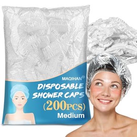 MAQIHAN 200 gorros de ducha desechables para mujer - Gorros de plástico medianos para el cuidado capilar, gorro de ducha transparente para niños, reut