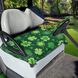 Reanaysto Saint Patrick's Day Clover Golf Cart Seat Cover Set of 2 with Steering Wheel Cover Anti Slip 2 Seat Golf Cart Cushion Cover Unique Steering Wheel Cover Protector Fit 2 Seats Club Car Parade
