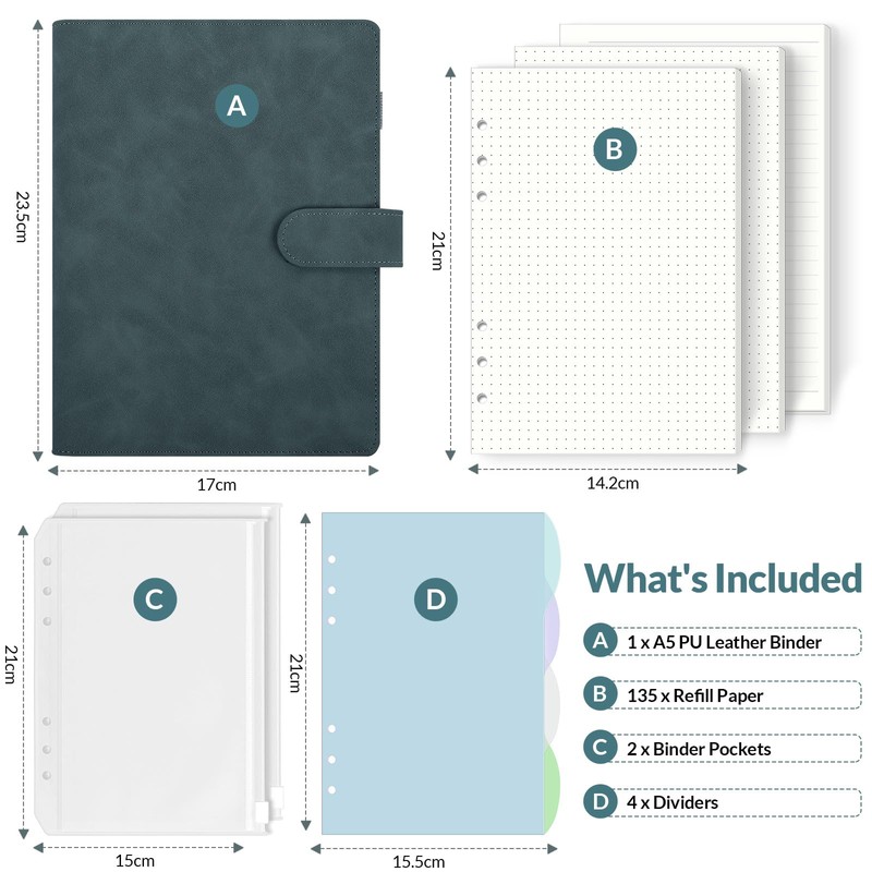 SKYDYE A5 Ring Binder, A5 Refillable, 135 Sheets A5 Refill