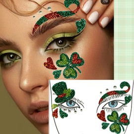 1 Sheet St. Patrick's Day Face Gems Magic Clover Hat Face Jewels Stick on Face Glitter Eye Gems Face Stickers for Women, Body Eyes Face Tattoos Sticker for St. Patrick's Day Party Festival Accessory