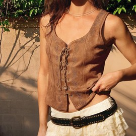 Girditemo Women Vintage Faux Suede Tie Up Vest Floral Embroidered v Neck Sleeveless Tank Top Western Cowgirl Vest Jacket (Dark Brown, S)