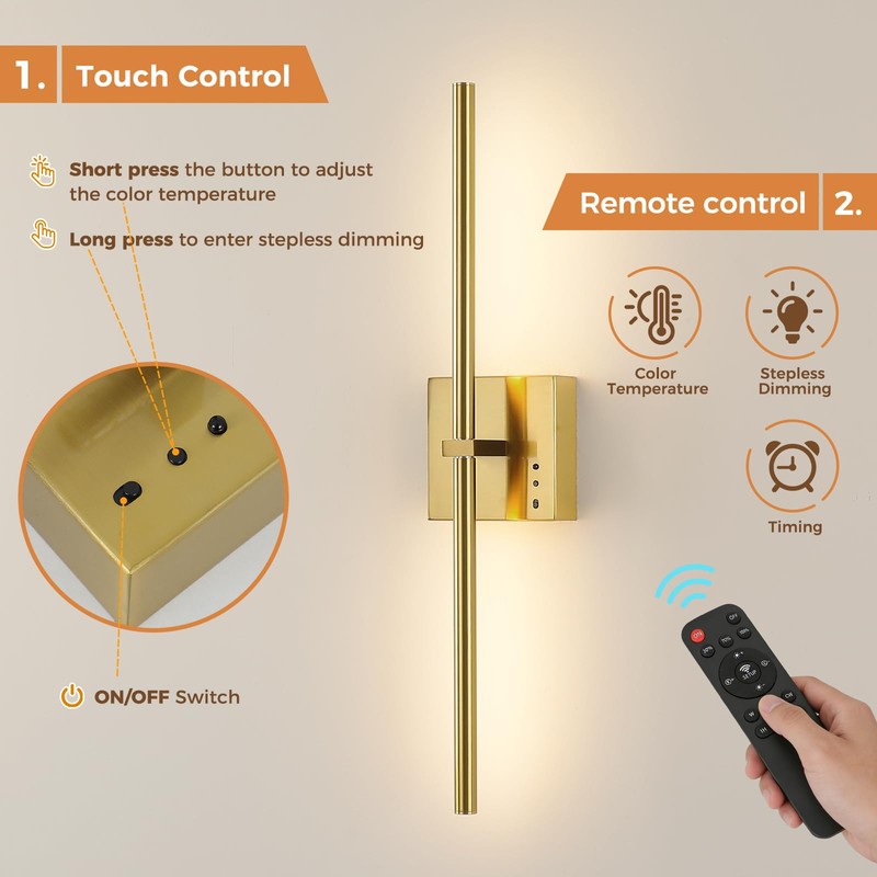 JUSHENG 5000mAh Battery Operated Wall Sconce, 3000K/4000K/6000K Dimmable Brass Cordless