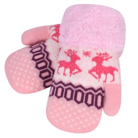 Kids Knit Thermal Mittens Winter Boys Girls Mittens with String Cute Reindeer Thicken Baby Toddler Gloves Warm Fluffy Fleece Lined Double Layer Full Finger Gloves Children Wool Gloves Aged 2-6