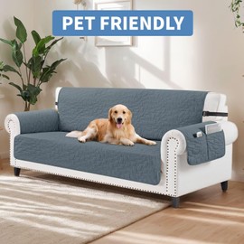 CUCRAF Non Slip Quilted Sofa Cover, Water Resistant Slipcover Furniture Protector for 2 Cushion Sofa Pet Friendly, Washable Couch Cover with Adjustable Elastic Straps (Medium Loveseat, Dark Gray)