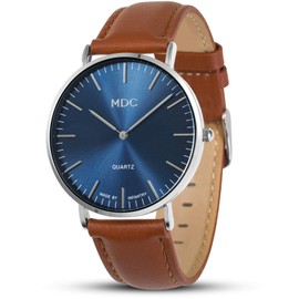 Infantry MDC Mens Brown Leather Watch Minimalist Wrist Watches for Men Deep Blue Analog Wristwatch Men's Ultra Thin Slim Dress Business Casual Fashion Quartz