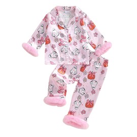 Edhomenn Baby Girl Christmas Pajamas Long Sleeve Lapel Ruffle Hem Buttons Red Tops Pants Suit Christmas 2pcs Outfits Nightwear (55 Pink, 12-18 Months)