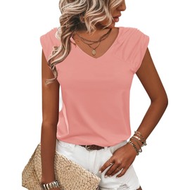 Zeagoo Womens V Neck Cap Sleeve Tshirts Cute Tank Tops Casual Tops Summer Clothes Trendy Fashion Basics Tee Coral Pink