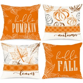 Benjia 45x45 Autumn Cushion Covers Set of 4, Hello Pumpkin Decorative Holiday 18x18 Inch Fall Throw Pillow Covers Thanksgiving Pillow Case for Indoor Home Bedroom Couch Sofa Decor Orange 45x45cm