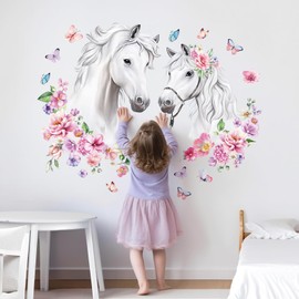 decalmile Wall Tattoo Horse Head with Flowers Wall Sticker Horses Girls Large Flowers Pink Wall Sticker Bedroom Living Room Children's Room Wall Decoration