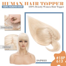 Hairro Human Hair Toppers With Bangs Clip In Remy Topper Hairpiece For Women Clip On Toupee Wispy Air Bang Middle Part With Thinning Hair Loss 10 Inch 33g #18P613 Ash Blonde Mix Bleach Blonde