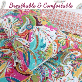 Cozy Line Home Fashions Tropical Flourish Floral Paisley 3-Piece Multi-Color Pink Blue Green Polyester Reversable Queen Quilt Bedding Set