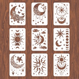 INFUNLY 9PCS/Set Sun Moon Wall Stencils for Painting 12x8 Mandala Tile Stencil Large Flower Star Concrete Floor Stencils Reusable Drawing Template for Painting Wood Canvas Furniture Patio Home Decor