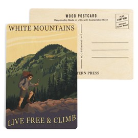 White Mountains, New Hampshire, Live Free and Climb Hiker Scene (4x6 Birch Wood Postcards, 2-Pack Stationary, Rustic Home Wall Decor)
