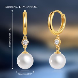 JAXXEL White Pearl Earrings for Women, Fishhook Pearl Drop Earrings with Platinum Plated CZ Diamond, 5A+ Cubic Zirconia Pearl Dangle Earrings Fine Jewelry for Ladies 12MM