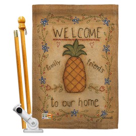 Breeze Decor HS100071-BO Welcome Pineapple Inspirational Sweet Home Decorative Vertical, House Flag Set 28"x 40" w/Flagpole, Multi-Color