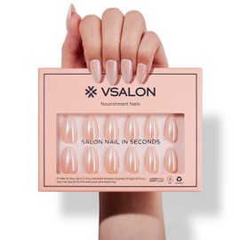 VSALON Short Almond Press-On Nails - Pink Ombre Cream Finish Design, Reusable Fake Nails with Nail Glue, Protector Cuticle Oil, Adhesive Tabs & Mini Nail File - 32 PCS in 16 Sizes (Romantic Floral)