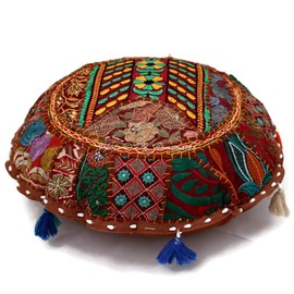 DK Homewares Traditional Cotton Seat Cushion Chair Floor Cushion Cover 45 x 45 cm Bohemian Dark Brown Patchwork Embroidered Home Decor Round Vintage Seat Cushion Bench - 18 x 18 Inches