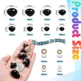 Toaob 114 Pieces Doll Nose Safety Nose Plastic Craft Nose Black Set 7 mm to 24 mm with Washers for Doll Puppet