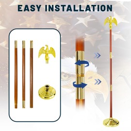 Presidential Indoor Flag Pole - Wooden 8FT Flagpole with Base, 3x5 USA Flag-Heavy Duty Water Resistant Polyester Canvas Embroidered Stars, Eagle Topper, Yellow pendant , for Office School City Hall.
