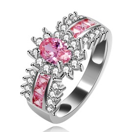 Uloveido Women Silver Color Oval Cut Big Pink Cubic Zirconia Ring Wedding Engagement Band Fashion Jewelry Gifts for Her (Size 6, Pink) J558