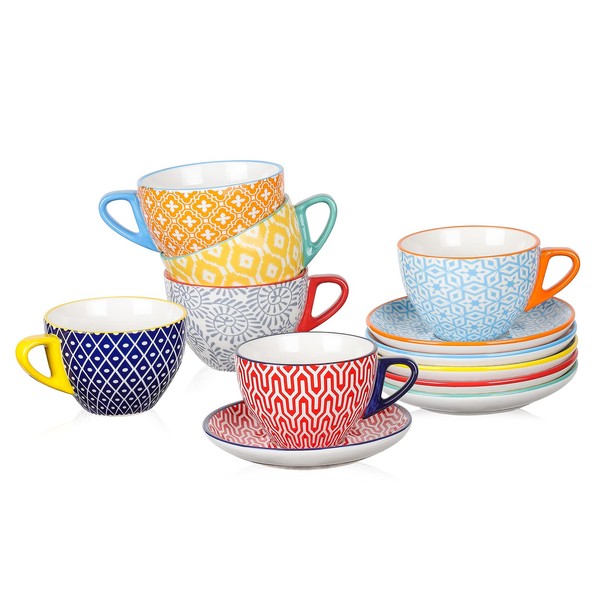 Selamica Ceramic 8 oz Cappuccino Cup Set with Saucers, Espresso Coffee Cups, Latte Macchiato for Party Cafe Home, Christmas Gift Set of 6, Assorted Colors