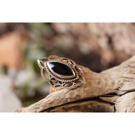 Windalf Bohemian Women's Ring LÚNA 23 mm Starry Night Black Onyx High Quality Bronze, Fabric jewellery bag, Onyx