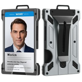 WSJSKMWQ ID Badge Holder, Heavy Duty Aluminum Alloy Card Sleeve with RFID Blocking, Metal Money Clip, Holds 15 Cards – for Work, Police, Outdoor (Gray)